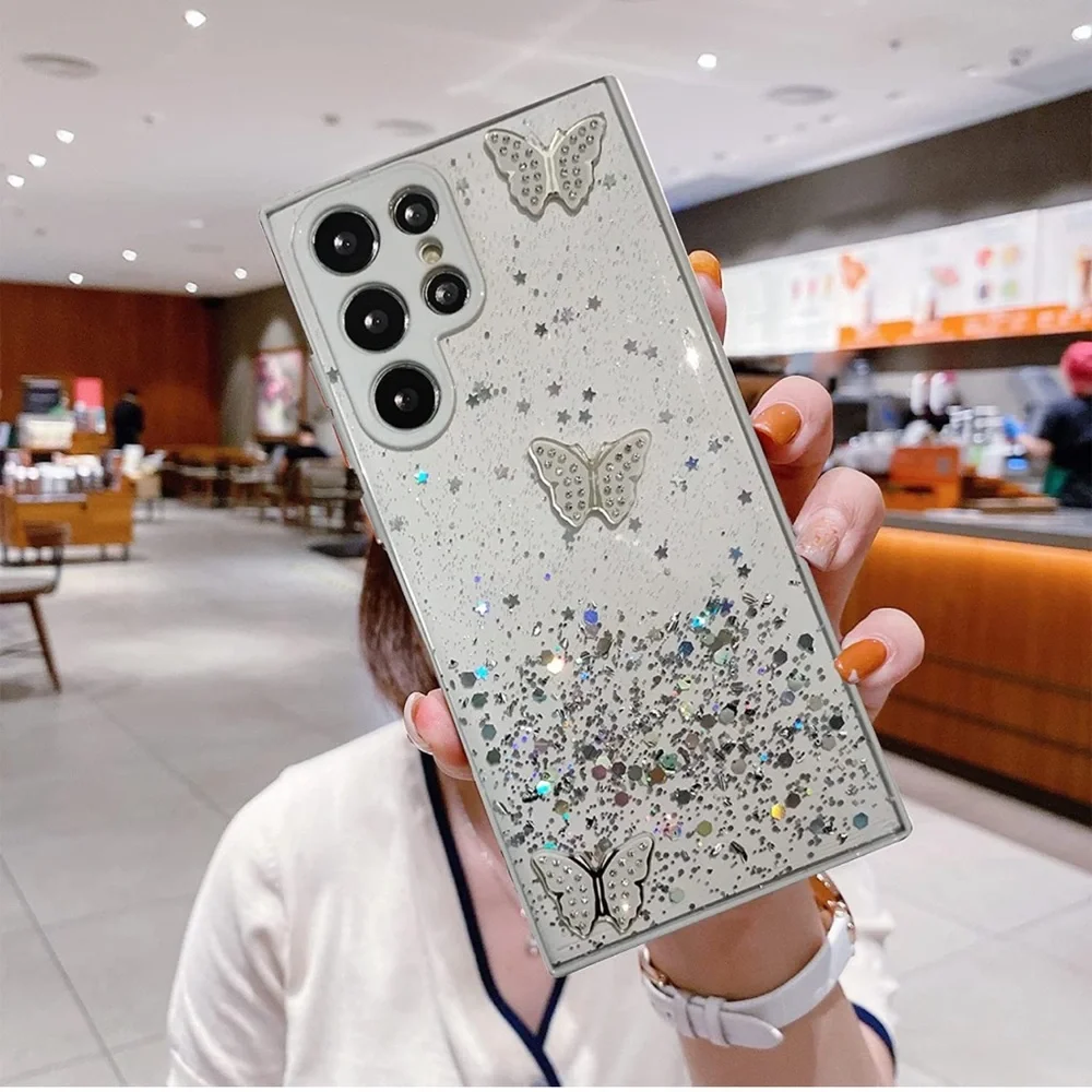 Samsung Galaxy S22 Ultra 5G Case Clear Glitter Butterfly Sparkly Bling (White)